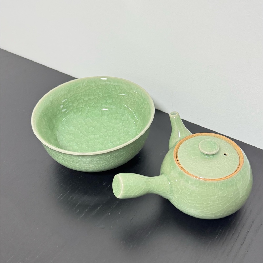 Vintage Japanese Green Ceramic Kyusu teapot and Bowl Set never used